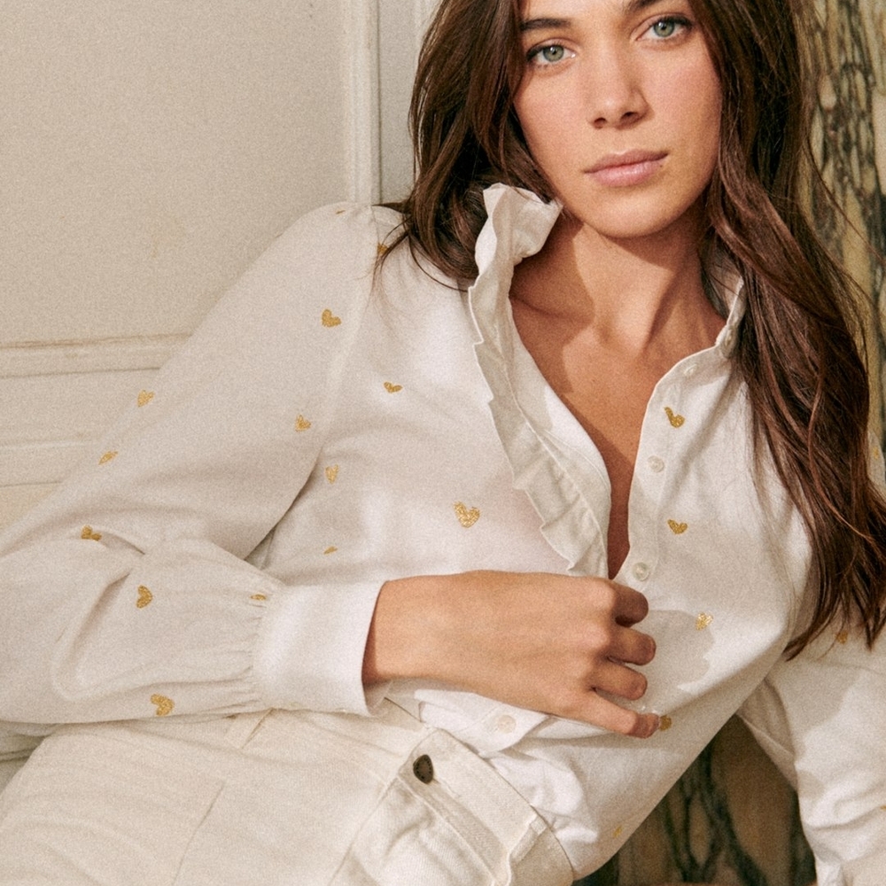 Sezane Chlo Blouse in Gold Heart Embroidery Size 40